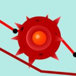 Economic Risks - Vector image of red Covid virus against decreasing line graph on blue background
